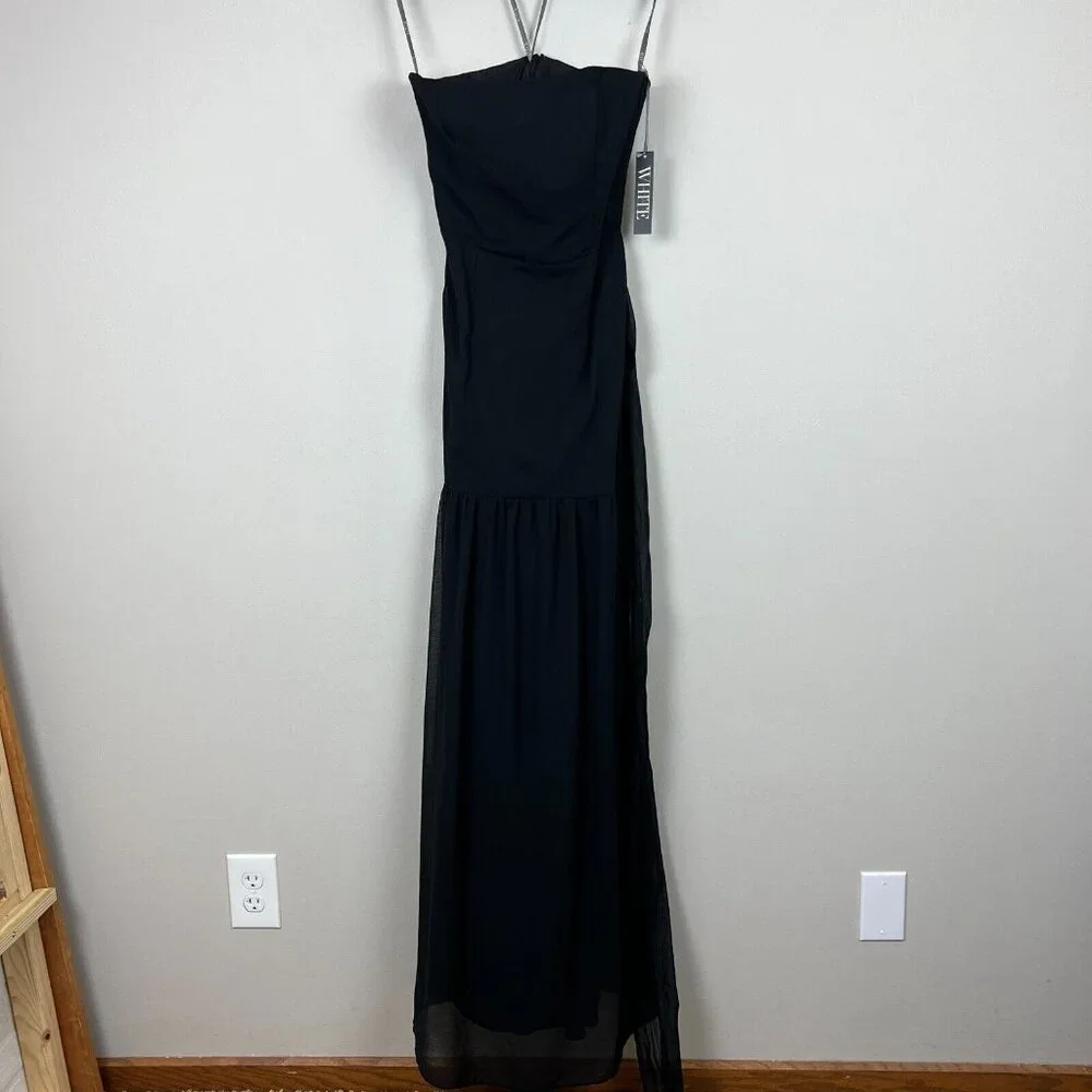 White Vera Wang Dress Womens 8 Black Crinkle Chiffon‎ Trumpet Hem Strapless Gown
